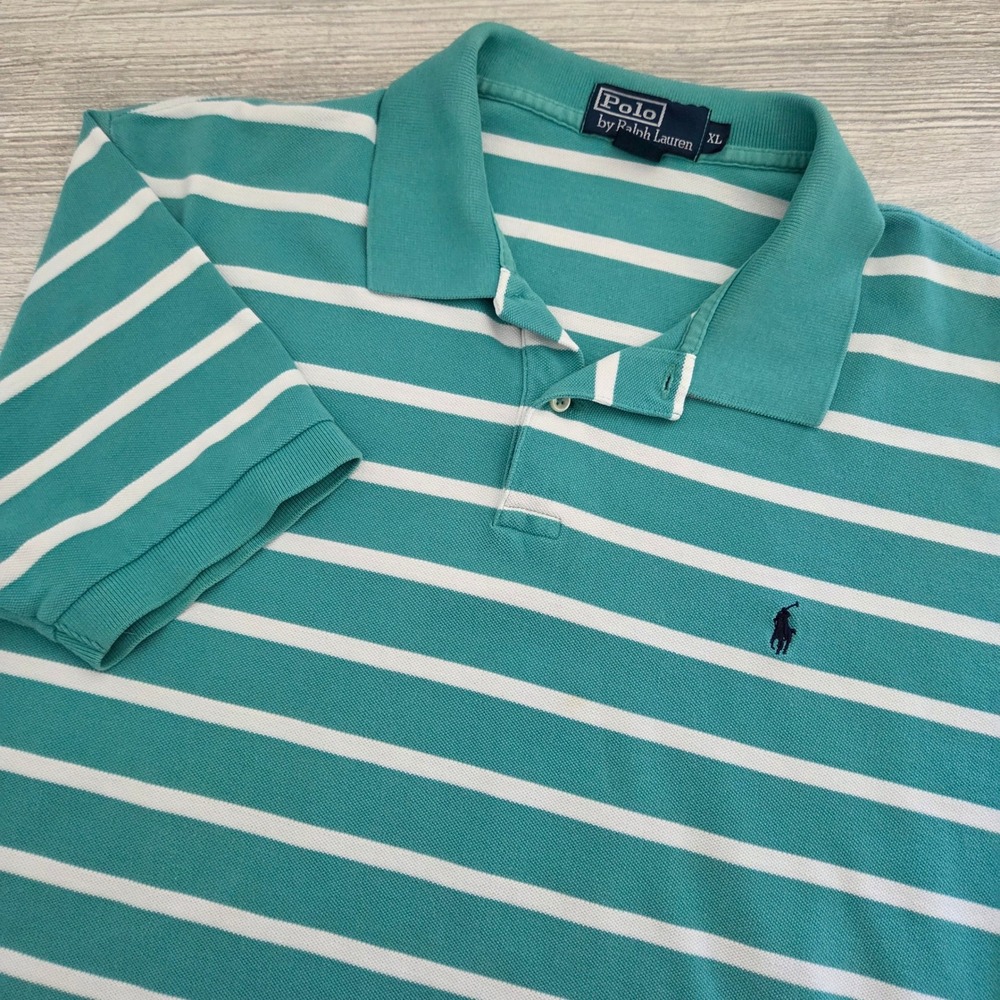 Polo Ralph Lauren Polo Shirt Teal White Striped Pique Mens XL